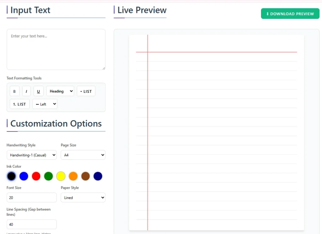 Text-to-handwriting tool interface with blank lined paper and customization settings.