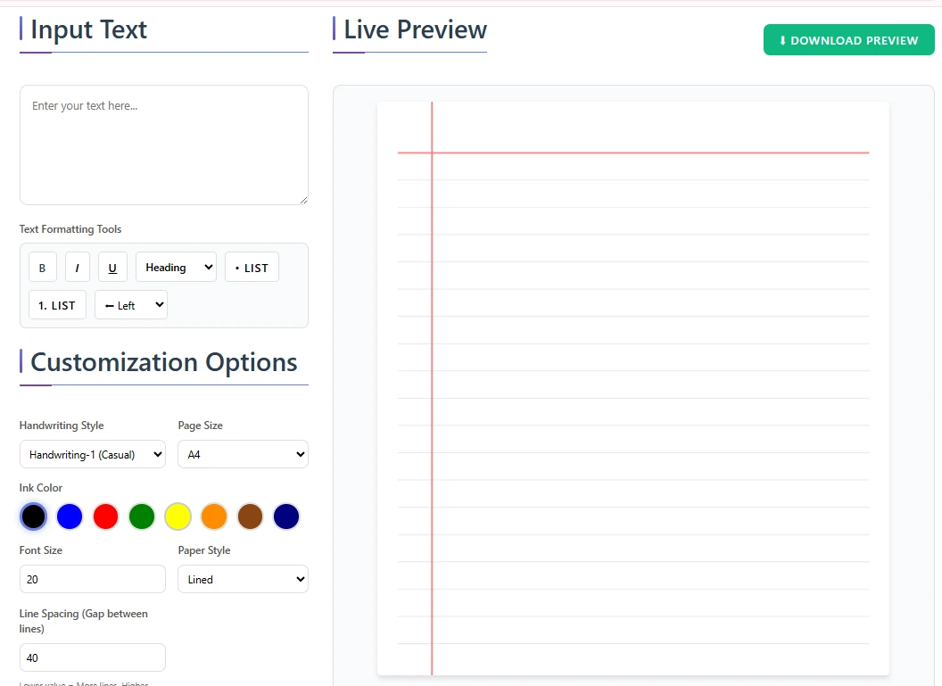 Text-to-handwriting tool interface with blank lined paper and customization settings.