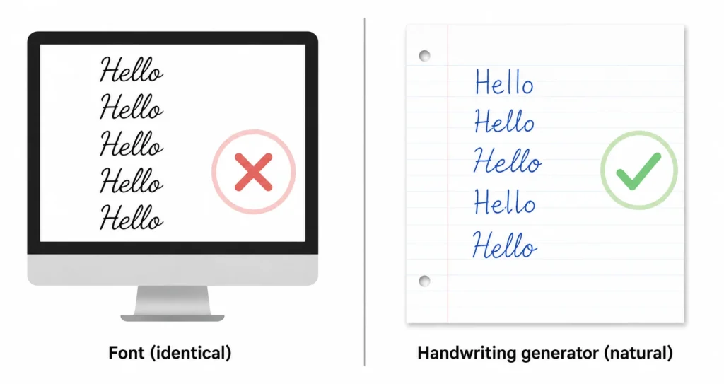 Comparison of identical font letters versus natural handwriting generator output showing real variation
