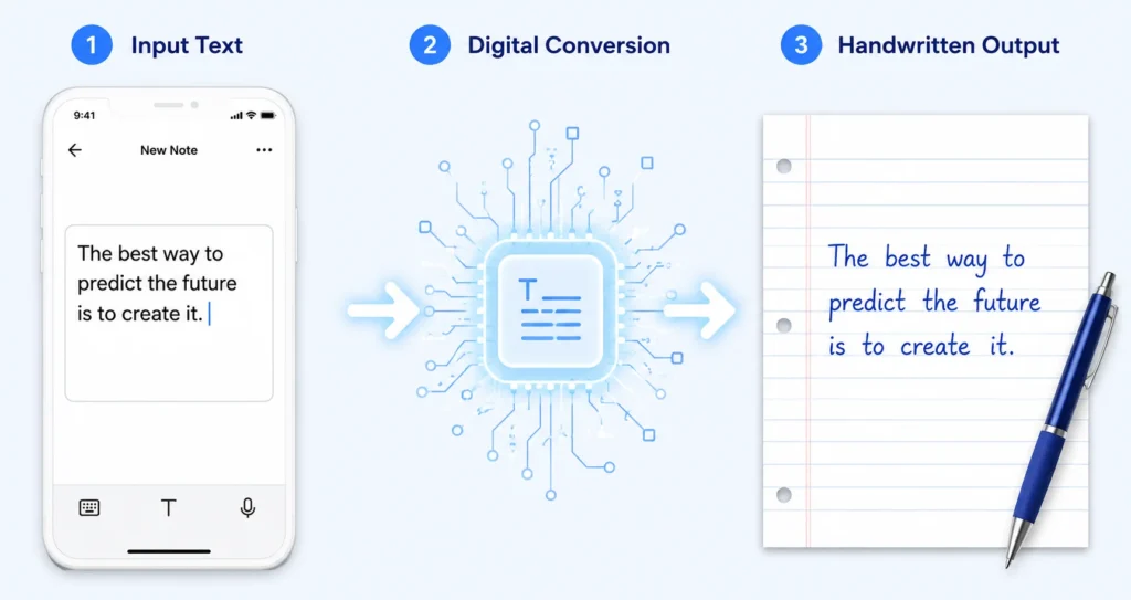 Three-step illustration showing how a text to handwriting converter transforms typed text to handwriting