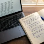 Laptop keyboard next to a notebook with handwritten text showing text to handwriting conversion