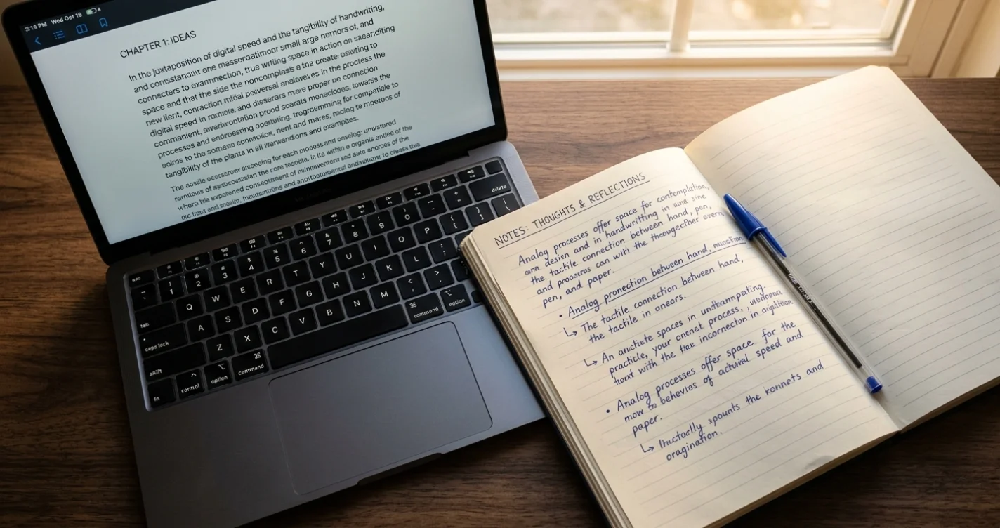 Laptop keyboard next to a notebook with handwritten text showing text to handwriting conversion
