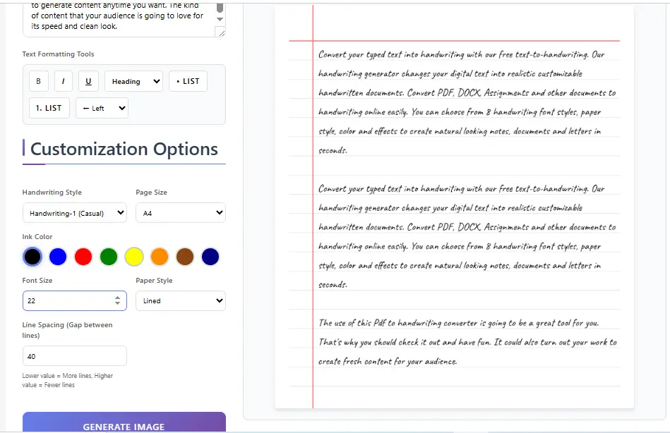 Screenshot of a text-to-handwriting converter interface showing customization options (handwriting style, A4 page size, ink color, font size, lined paper, and line spacing) on the left, with a preview on the right displaying typed text converted into realistic handwritten notes on lined paper with a red margin.