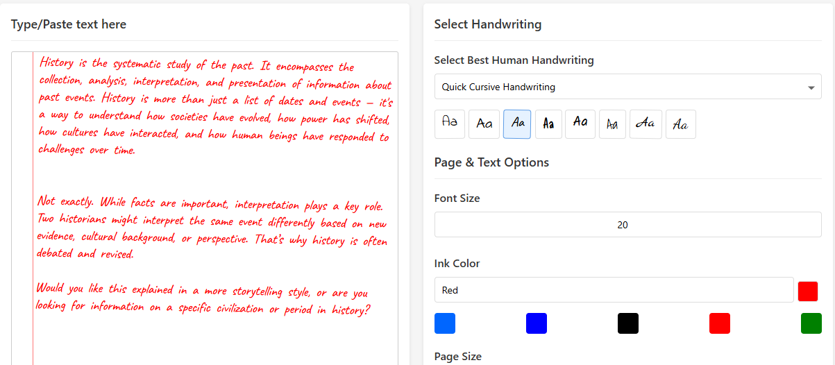 Handwriting style samples showing different options
