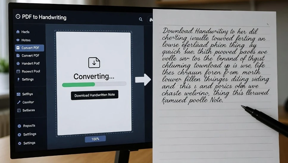 A laptop showing a PDF to Handwriting Converter Tool interface, with handwritten text on paper in the foreground.