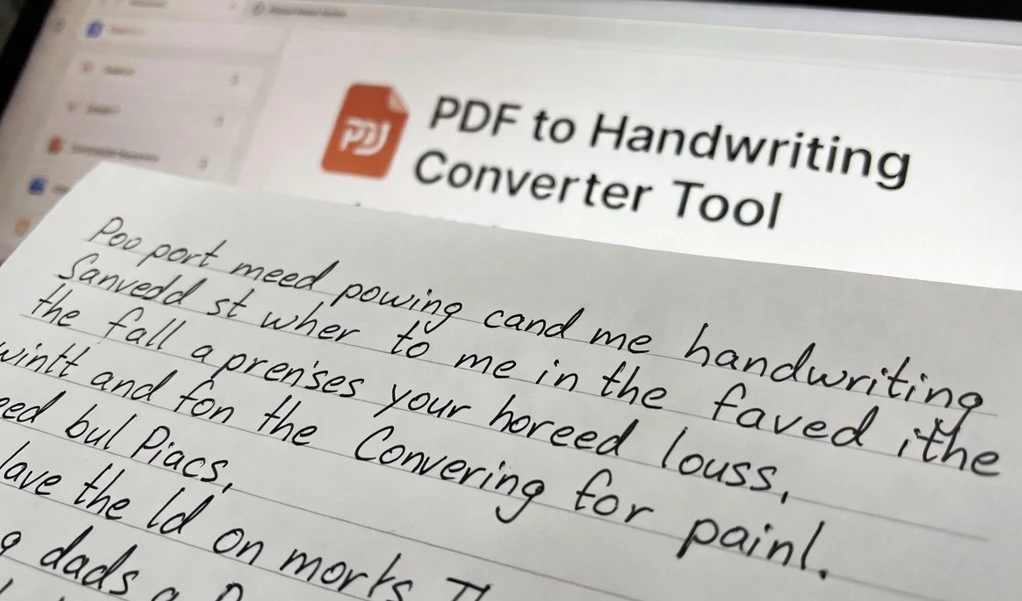 A laptop showing a PDF to Handwriting Converter Tool interface, with handwritten text on paper in the foreground.