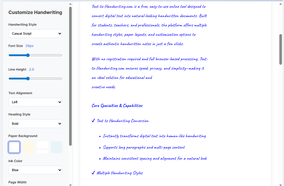 Pdf to Handwriting generator interface showing handwriting customization options like font style, font size, line height, text alignment, paper background, and ink color with a live handwritten preview on the right.